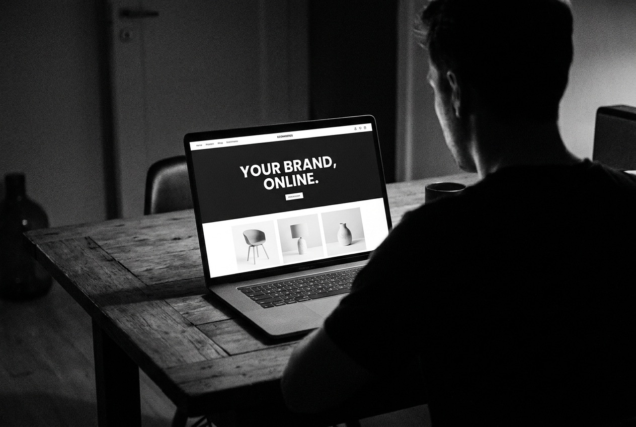 Person seen from behind looking at a laptop showing a clean website
