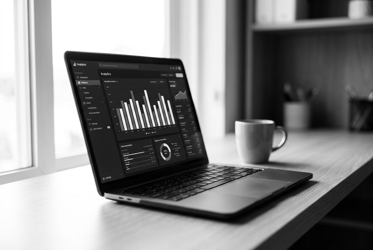 Laptop showing an analytics dashboard with rising bar charts